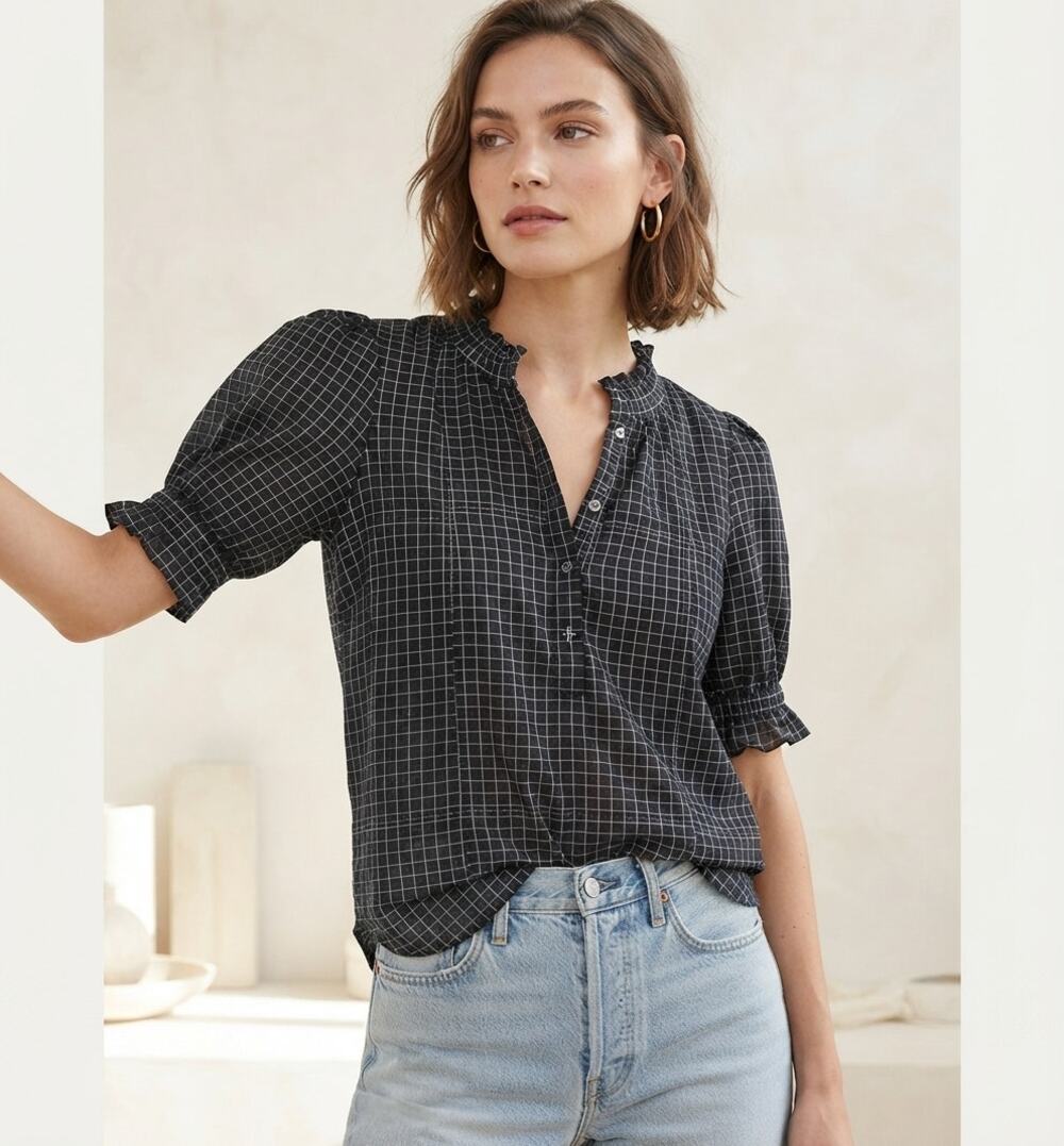 Apiece Apart Organic Cotton Grid Puff Sleeve Ruffle Collar Blouse Black M EUC